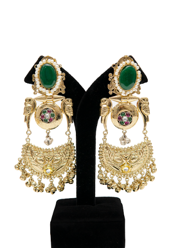 Traditional Gold Finish Wedding Earrings for Women with Green Stone & Pearl Work